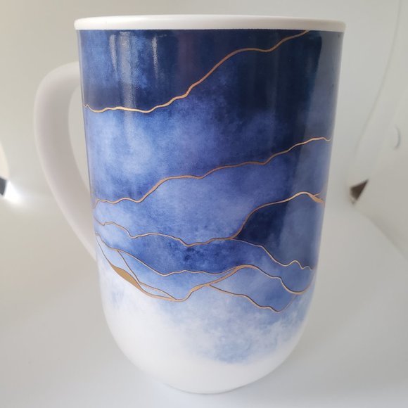 New Abstract Coffee Tea Water Mug Blue Watercolor Print W/ Gold Ceramic 16 oz - Picture 6 of 11